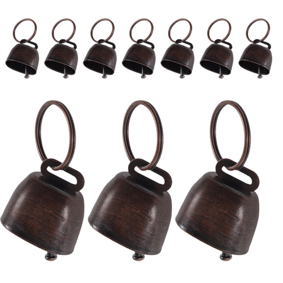 Luxshiny 10Pcs Hanging Rustic Metal Cowbell Dark Brown for Celebration and Sports Cheering
