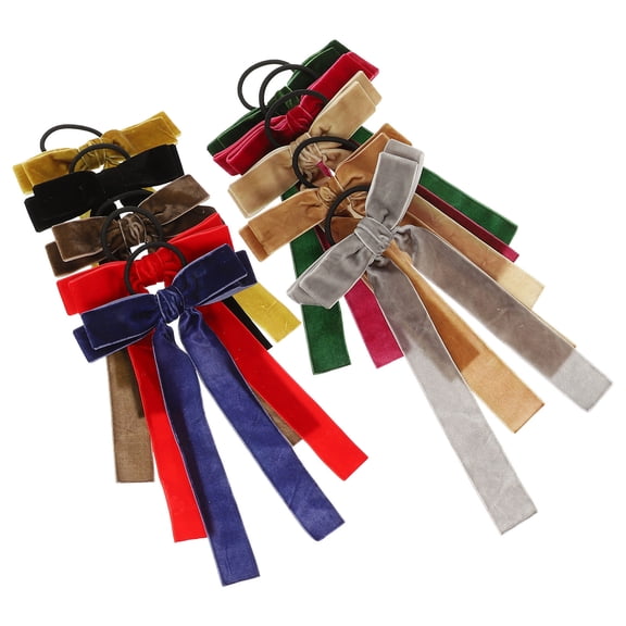 Luxshiny 10Pcs Long Velvet Ribbon Bow Hair Elastics Assorted Colors Comfortable Hair Accessories