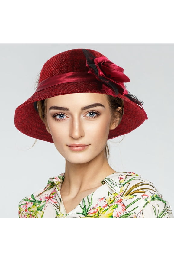 1Pack Women Hats Red Flax Vintage Church Hat Design Tea Party