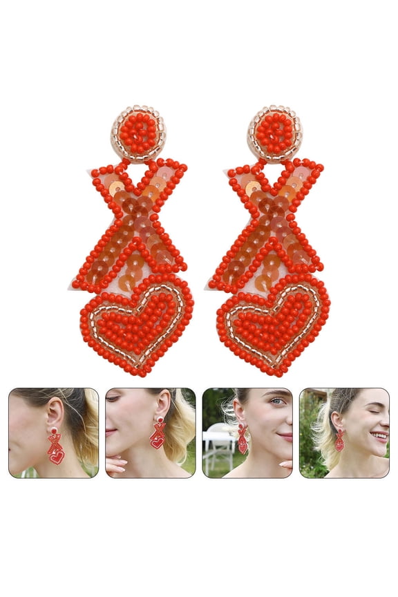 1 Pair of Heart Drop Earrings for Women Red Acrylic Beads Retro Jewelry Weddings