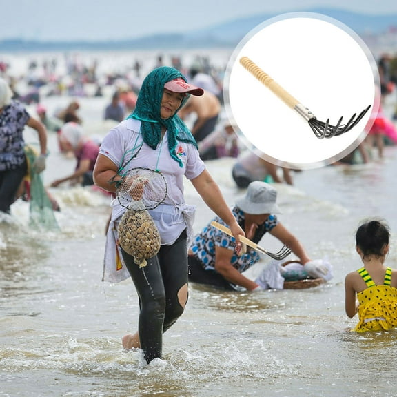 Luxshiny 1Pc Durable Stainless Steel Clam Digging Rake with Wooden Handle and Net Bag for Seafood
