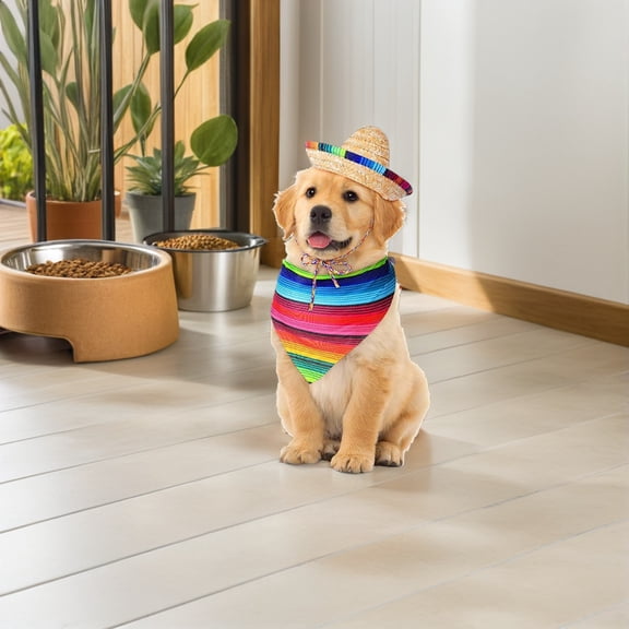Luxshiny 1Set Pet Fiesta Sombrero Straw Hat with Bandana Decorative Costume for Small Animals