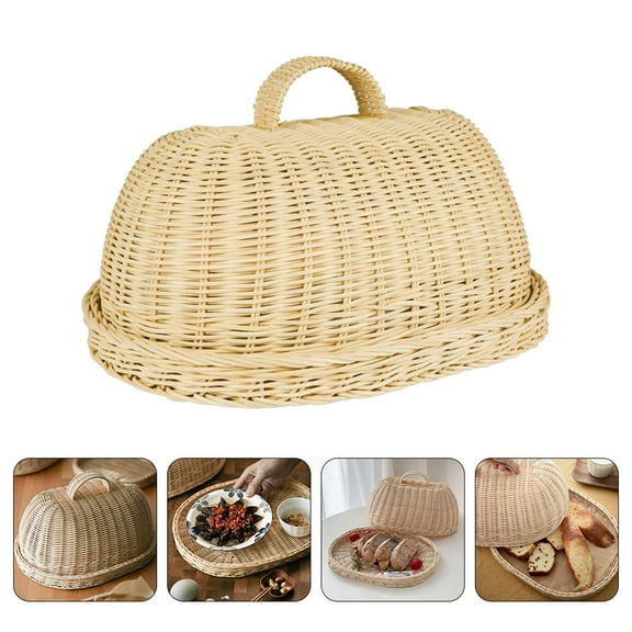 Luxshiny 1Set Khaki Rattan Storage Tray Bread Cover Food Protective Tray Kitchen Supplies