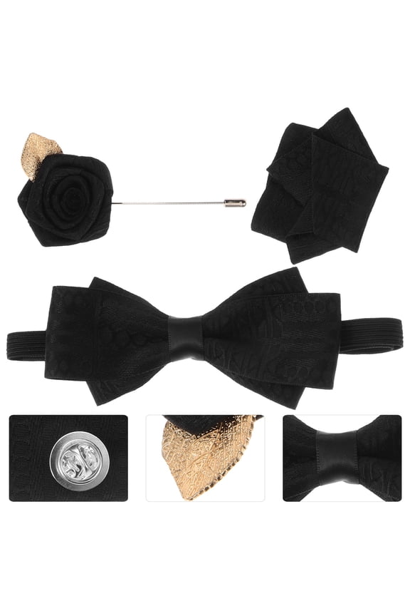 1Set Mens Black Bow Tie and Groom Lapel Pin Suit Accessory for Wedding Decor