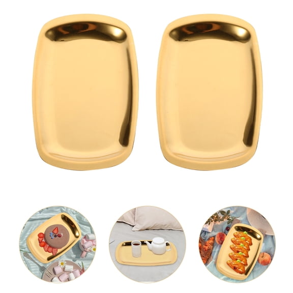 Luxshiny 2Pcs Golden Stainless Steel Oval Plates Multi Functional Baking Trays and Serving Dishes