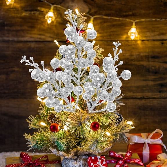 Luxshiny 20Pcs Plated Silver Fake Berry Stems Christmas Tree Decorations for Seasonal Decor