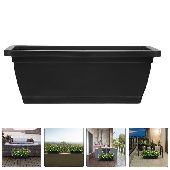 Luxshiny 2Pcs Black Plastic Rectangular Outdoor Planters with Drainage and Water Spout for Plants