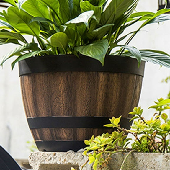 Luxshiny 2Pcs Brown Barrel Planters Outdoor Plastic for Indoor Planters Pots and Decor