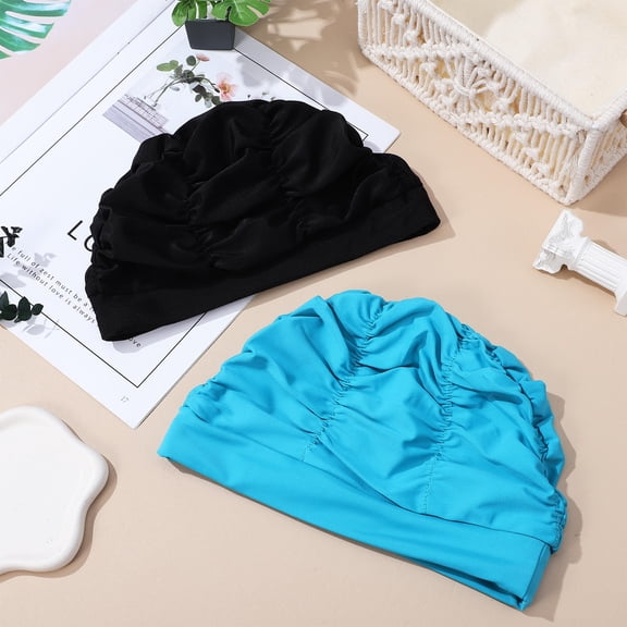 Luxshiny 2Pcs Elastic Fabric Swim Caps with Pleated Design for Swimming Unisex Use Multicolor