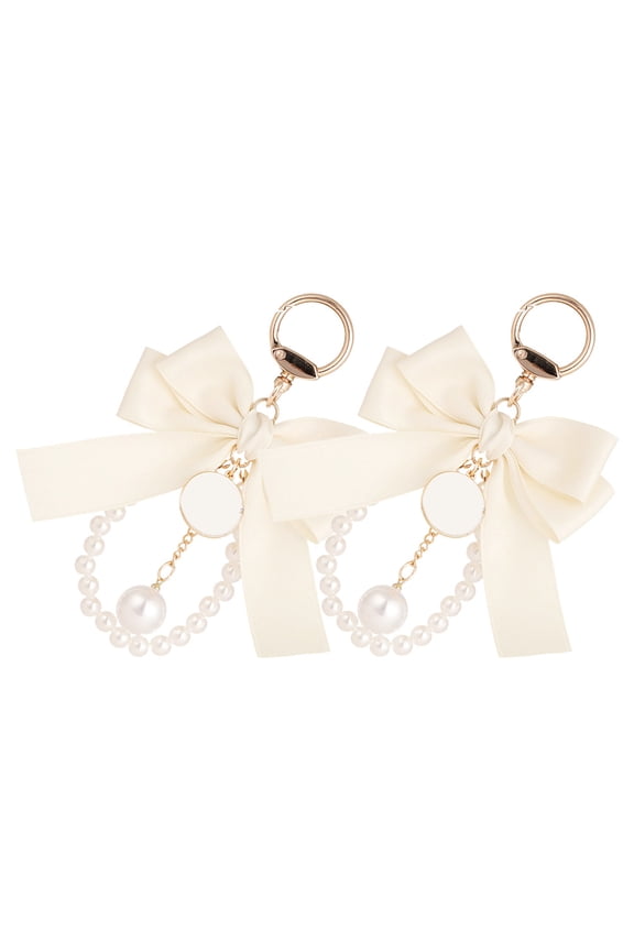 2-Pack Elegant Beige Bowknot Keychains with Faux Pendant Stylish Accessories for Trendy Key Organization