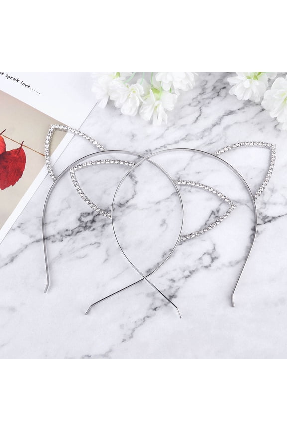 2Pcs Elegant Plated Silver Crystal Hair Bands Cat Ear Headwear for Carnival and Christmas Party