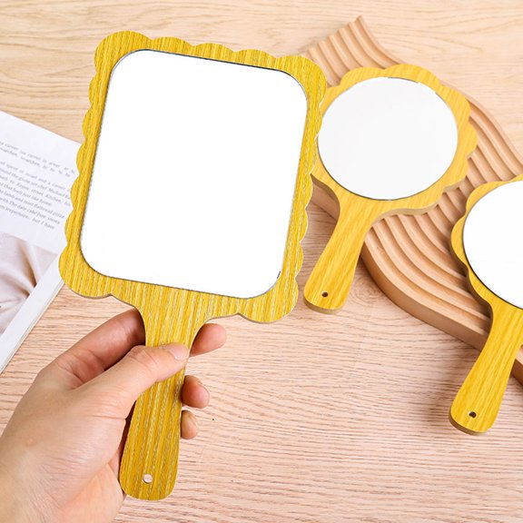 Luxshiny 2Pcs Portable Handheld Wooden Makeup Mirrors Round Dressing Mirrors Clear Reflection