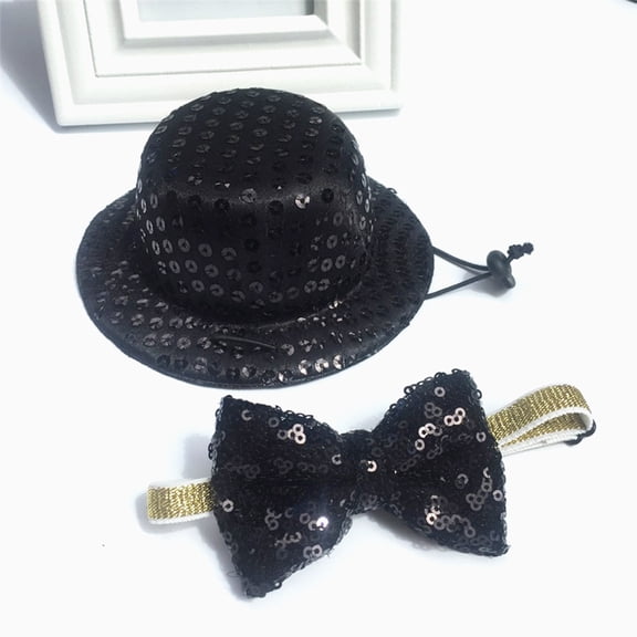 Luxshiny 2-Pack Black Pet Party Hat and Tie Set with Sequins, Comfortable and Stylish Pet Accessories for Celebrations