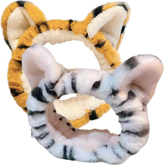 Luxshiny 2Pcs Premium Plush Tiger Ear Hairband Elastic Stretch for Skincare Makeup and Spa Use