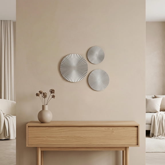 Luxshiny 3Pcs Round Plated Silver Metal Wall Art Panels with 3D Ripple Effect for Home Wall Decor