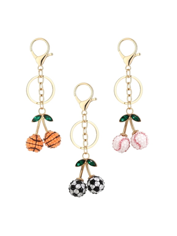 3pcs Rhinestone Sports Ball and Cherry Keychain Set Bag Charm