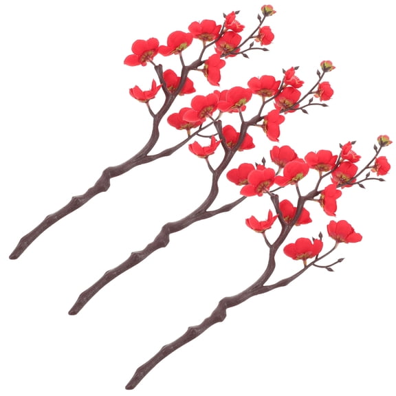 Luxshiny Set of 3 Red Artificial Plum Blossom Stems with Realistic Appearance for Wedding Decor and Garden Display