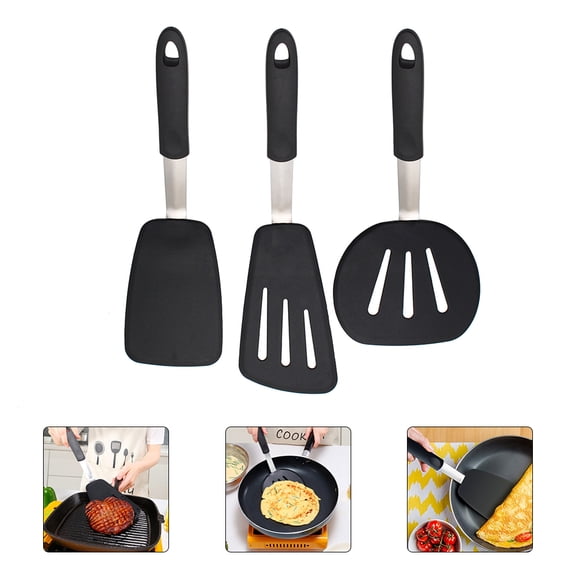 Luxshiny 3Pcs Silicone Kitchen Tools Set Black Cooking Shovels for Home Hotel and Restaurant
