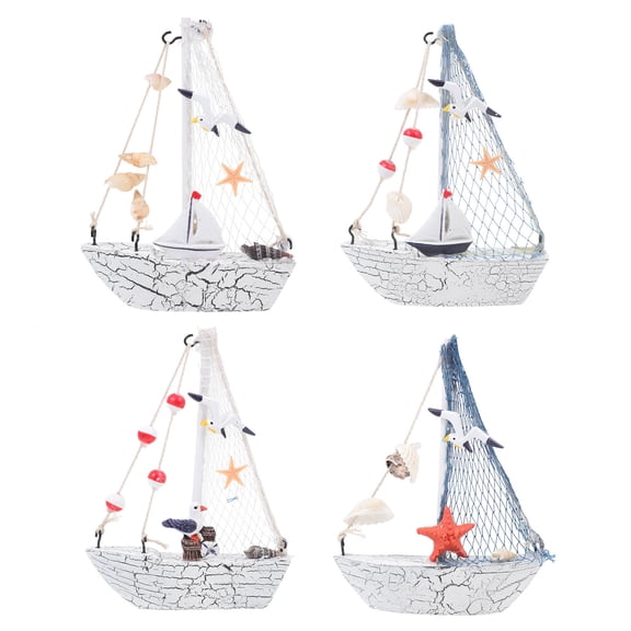 Luxshiny 4 Pack Resin Mini Sailboat Models, Wooden Miniature Sailing Boat Home Decor Set, Beach Nautical Design for Ocean Theme Country Decoration