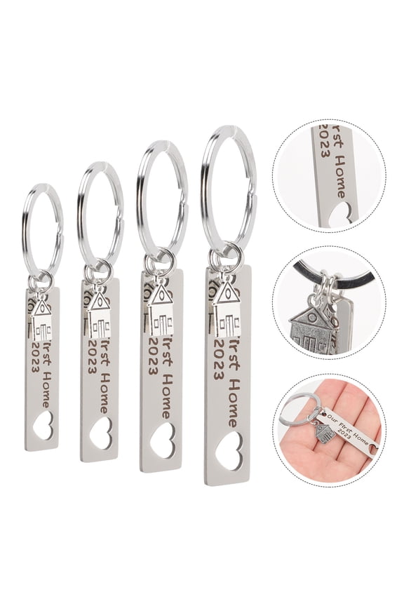 4Pcs House Shaped Key Chains Silver Stainless Steel for Our First Home Key Ring Housewarming present