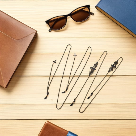 Luxshiny 4Pcs Universal Black Metal Eyeglass Chains with Goth Bat and Cross for Eyewear Style