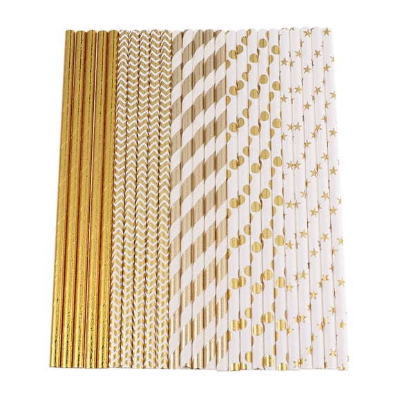Luxshiny 50Pcs Golden Paper Drinking Straws Biodegradable Disposable Straws for Daily Beverage Use