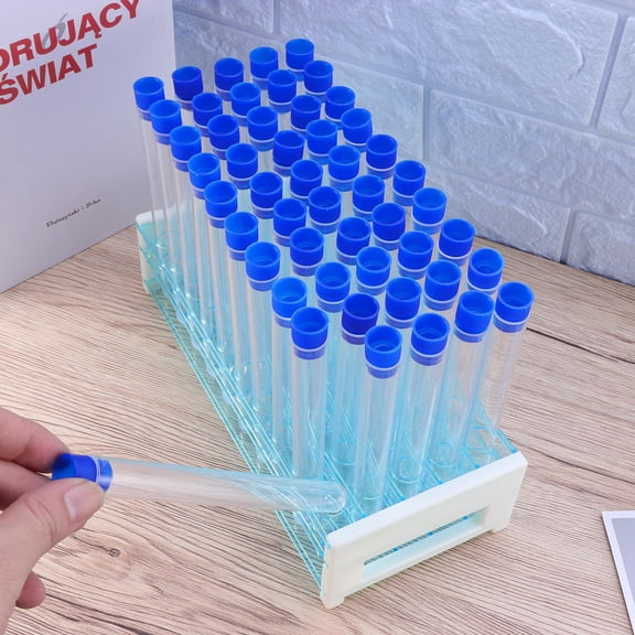Luxshiny 50Pcs Hard Plastic Test Tubes with Blue Stand Sealed Storage for Scientific Experiments