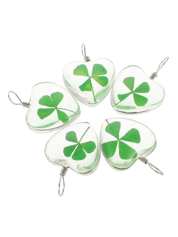 5Pcs Lucky Four Leaf Pendant Glass Charms with Hanging Hole for Jewelry Making