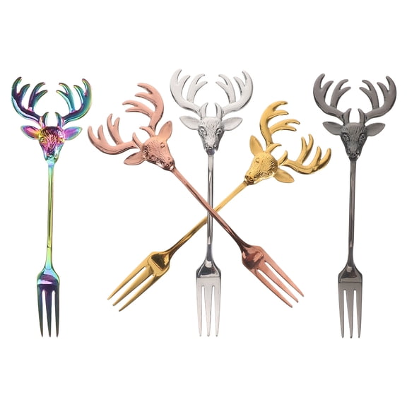 Luxshiny 5Pcs Small Stainless Steel Dessert Forks Featuring Reindeer Design for Home Salad Fruit and Appetizers