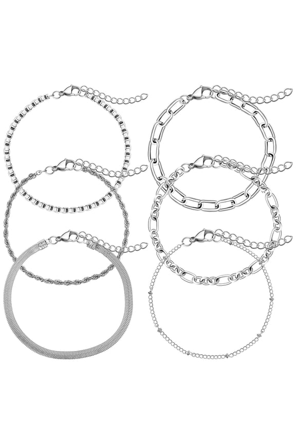 6-Pack Layered Plated Chain Bracelets Set, Dainty Minimalist Stackable Metal Bangles for Wrist Jewelry