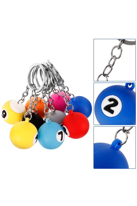 9-Piece Decorative Billiard Keychains Assorted Colors Pool Player Gifts for Keys and Bags