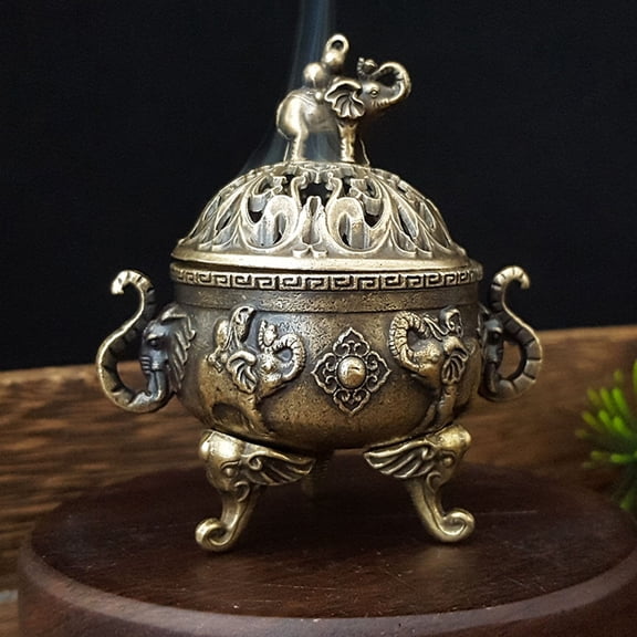 Luxshiny Dark Brown Copper Incense Burner Stove with Lid, Antique Style Hollow Out Design for Elegant Home Decoration