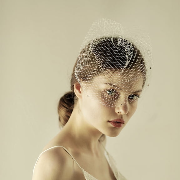 Luxshiny Beige Bridal Short Veil Handmade with Covered Face Mesh Gauze and Shiny Rhinestone