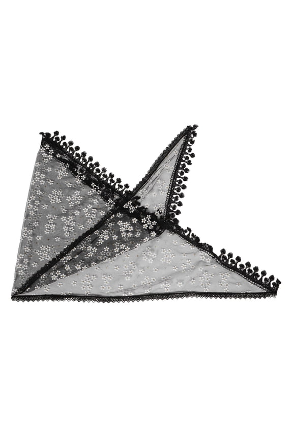 Black Polyester Lace Triangle Scarf with Floral Embroidery and Tassels, Versatile Headscarf for Women