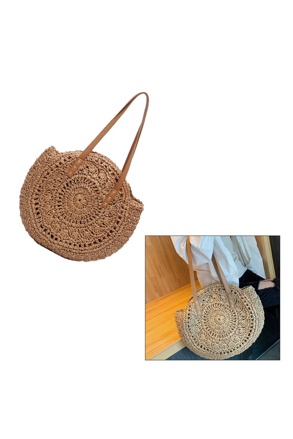 Circle Rattan Beach Bag Easy to Carry Bohemian Style Travel Tote Khaki