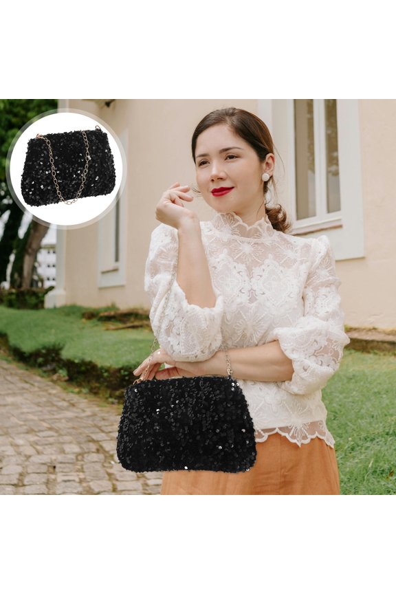Crossbody Bag With Chain Strap Black Polyester 1Pcs Sparkly Purse For Evening Parties And Events