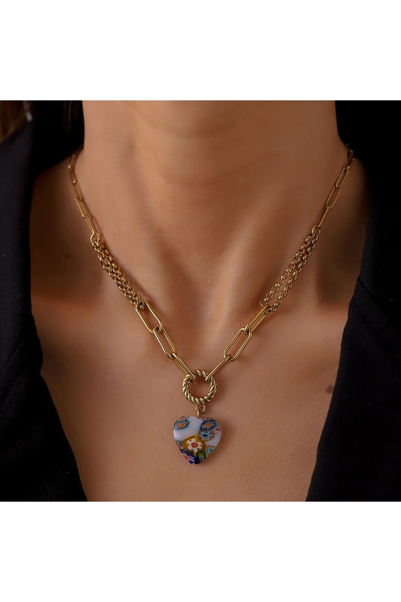 Chain Necklace Women Titanium Steel Heart Pendant Multi Colored 1Pcs Clavicle Chain