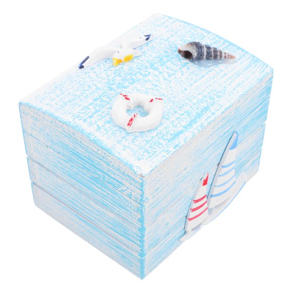 Luxshiny Decorative Blue Wooden Nautical Box Ocean Theme Small Treasure Chest for Storage