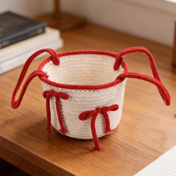 Luxshiny Decorative Woven Basket with Handles and Chic Bow for Home and Office Organization