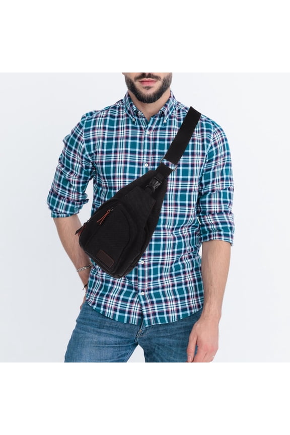 Durable Canvas Men Sling Backpack with Hard Plastic Alloy Accessories Black
