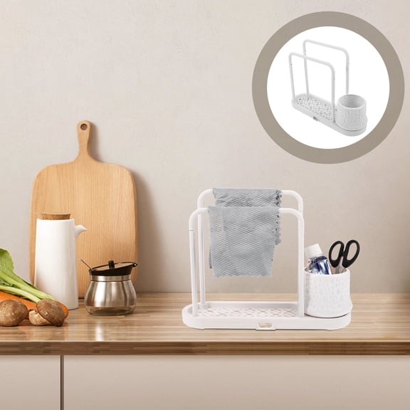 Luxshiny White Plastic Rag Holder for Kitchen Sink with Hanging Double Bar Design Organizer