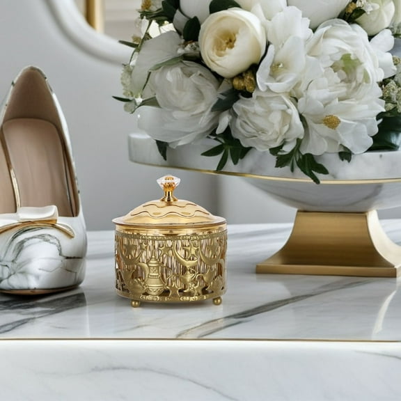 Luxshiny Eid Mubarak Sugar Jar Candy Storage Container Gold Iron and Plastic Trinket Box for Home Festive Use
