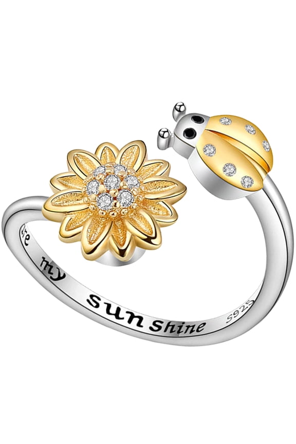 Elegant Ladybug and Sunflower Ring Adjustable Fidget Ring in Multi Color Copper