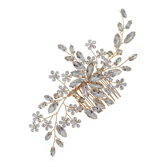 Luxshiny Elegant Pearls Rhinestones Hair Comb Golden Color for Bride and Bridesmaid Events