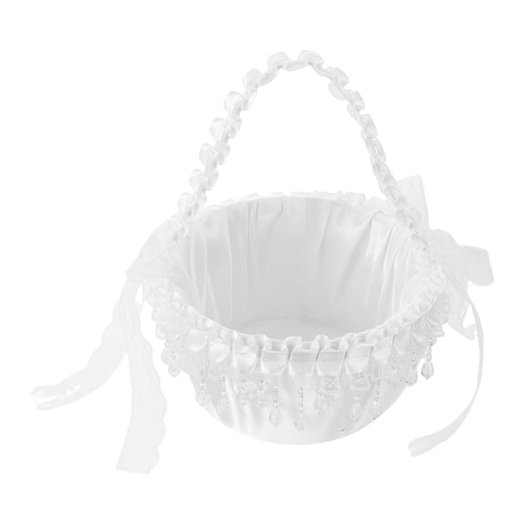 Luxshiny Elegant White Wedding Flower Basket with Satin Handle and Lace Detailing for Outdoor Ceremonies
