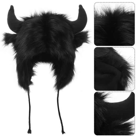 Luxshiny Womens Black Horn Cap Plush Warm Beanie Hat for Costume Party Wear
