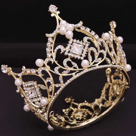 Luxshiny Round Tiara Crown Wedding Decoration for Women with Rhinestones in Golden 1Set