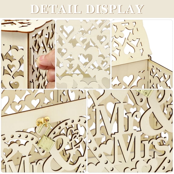 Luxshiny Handmade Khaki Wood Wedding Box with Love Hollow Design for Storage and Decoration