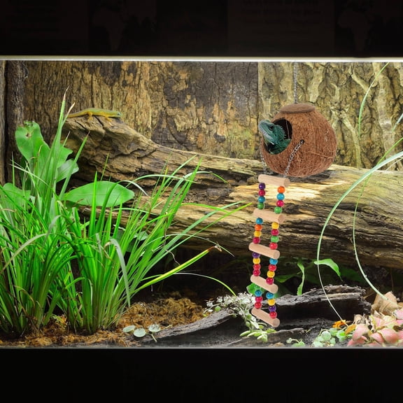 Luxshiny Light Brown Hanging Reptile House Coconut Shell Nest with Ladder Durable Resting Bed