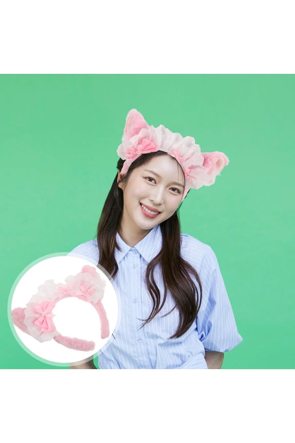 Pink Plush Cat Ears Headband with Bowknot Soft Elastic Hair Hoop for Party and Cosplay